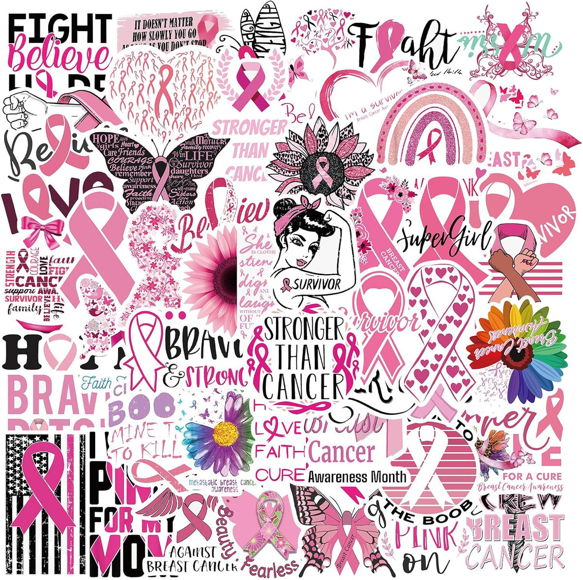 50PCS Breast Cancer Awareness Stickers, Pink Ribbon Stickers for Women's Health, Waterproof Vinyl Stickers for Women Kid Girls Mom Office School Event Support