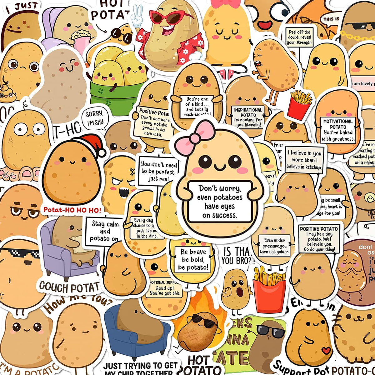 FALIMITLESS Cute Potato Stickers – (50pcs) Waterproof Vinyl Holographic Positive Motivational Potato Stickers for Water Bottle Laptop Journaling Scrapbook Teens Kids Womens