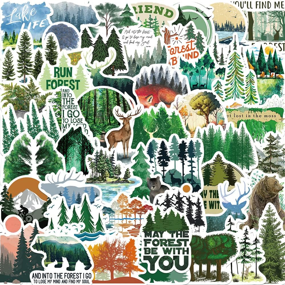 50Pcs Forest Stickers, Adventure Aesthetic Outdoor Sticker Bulk, Waterproof Vinyl Nature Stickerss for Water Bottles Laptop Scrapbook, Forests Trees Animals Stickers for Kids Teens (Forest)