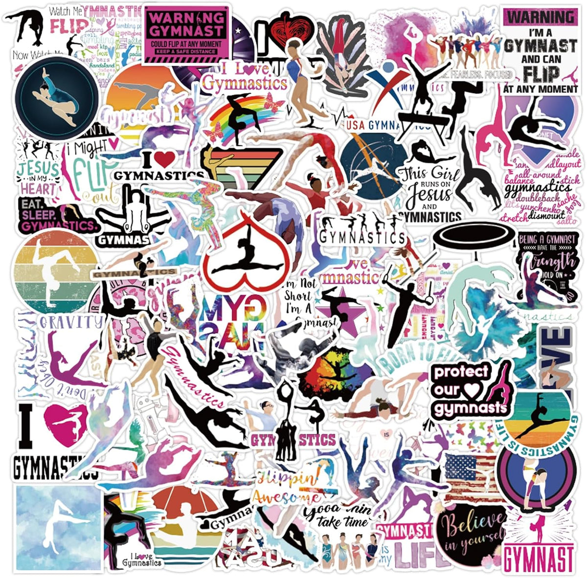 100pcs Gymnastics Sticker Pack, Cool Sport Waterproof Vinyl Decal for Girl Teen Adults Kids Water Bottle Laptop Luggage Notebook Scrapbook Helmet Skateboard Guitar Phone (Gymnastics