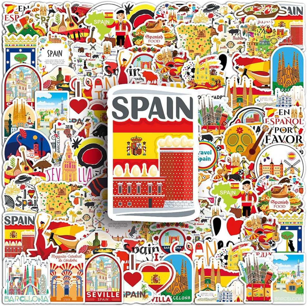 50 pcs Spain Stickers, Waterproof Travel Stickers from Spain, Suitcase Stickers for Scrapbooking, Water Bottle, Luggage, Skateboard, Guitar, Laptop