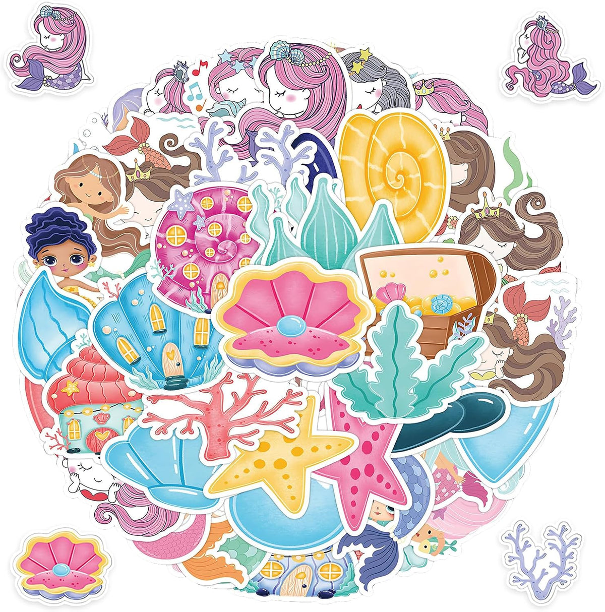 50 Pcs Mermaid Stickers for Kids, Girly Stickers with HD Print and Waterproof Vinyl, Cute Cartoon Decals for Laptops Water Bottles Skateboards