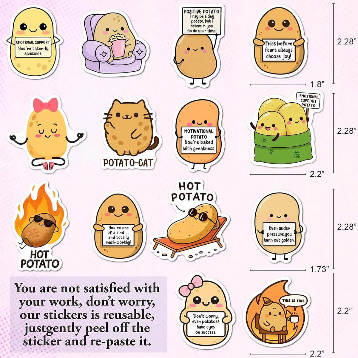FALIMITLESS Cute Potato Stickers – (50pcs) Waterproof Vinyl Holographic Positive Motivational Potato Stickers for Water Bottle Laptop Journaling Scrapbook Teens Kids Womens