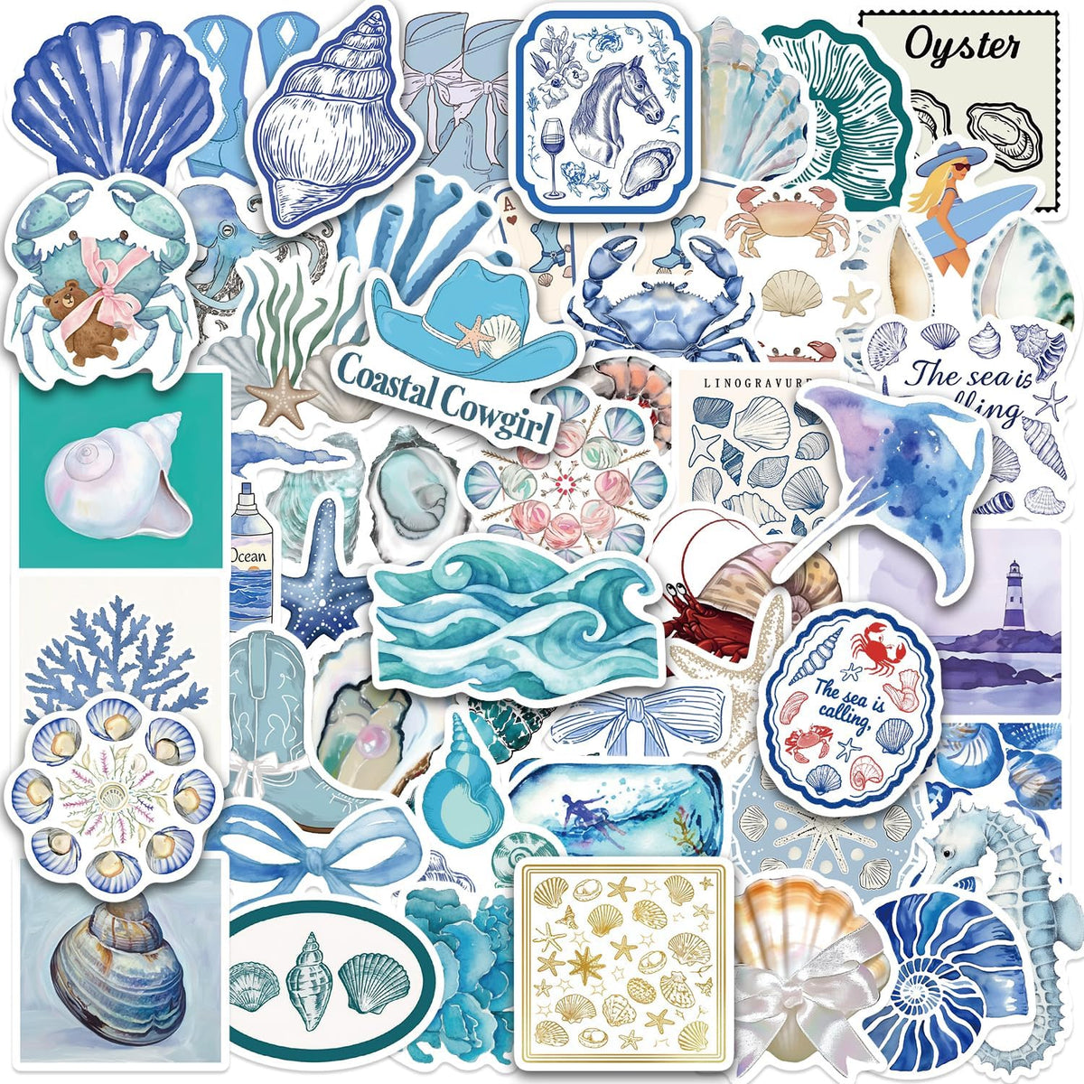 50 Pcs Beach Coastal Summer Stickers,Beachy Aesthetic Water Bottle Stickers,Blue Waterproof Scrapbook Sticker, Vinyl Decals for Luggage Laptop Journal