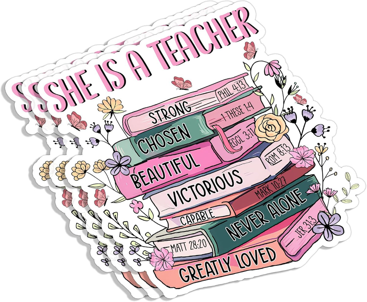 (3pcs) She is A Teacher Strong Chosen Beautiful Victorious Loved Sticker Motivational Christian Sayings Inspirational Teaching Vinyl Decal for Laptop Water Bottles Books Phone - Size 3x3 Inches