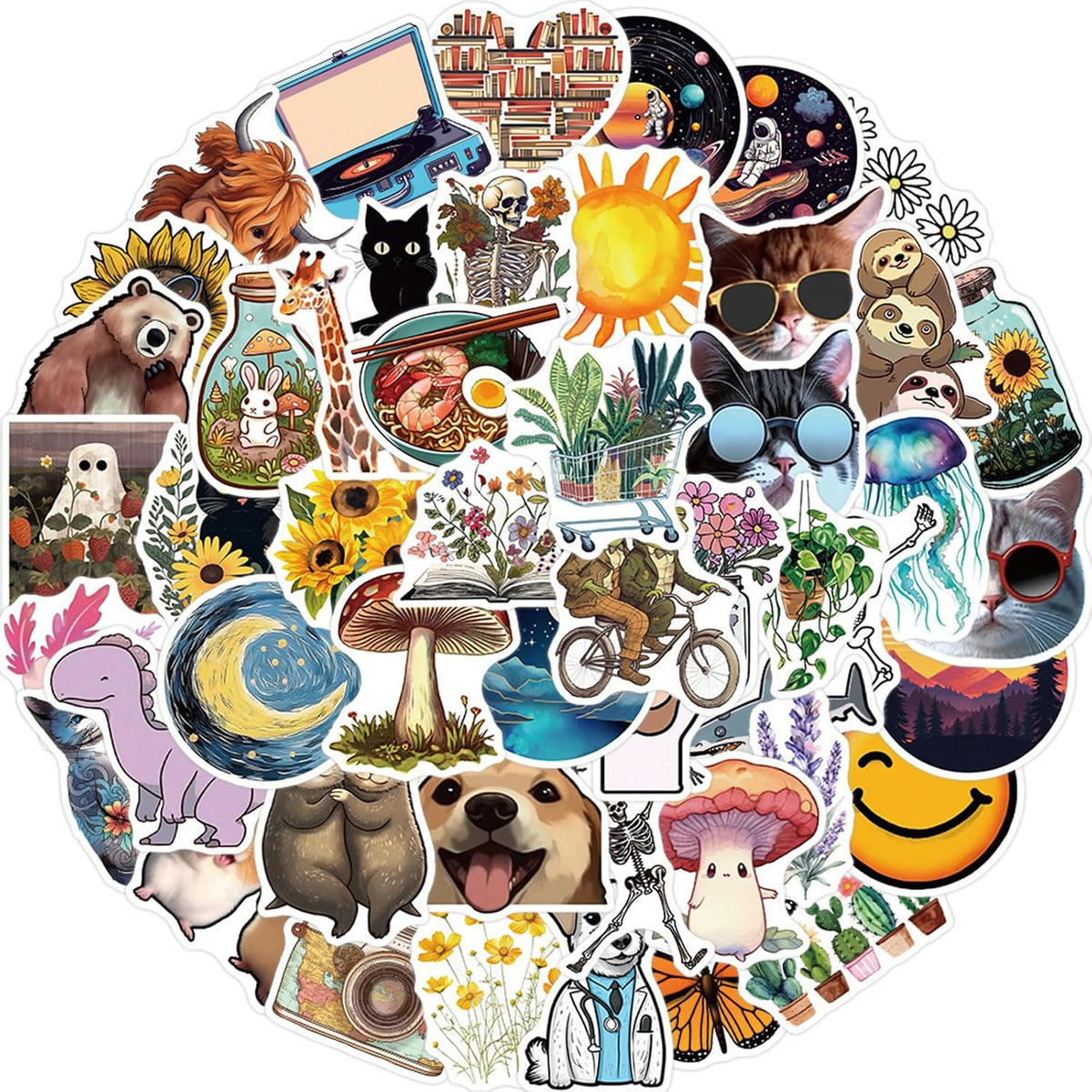 50pcs Aesthetic Stickers for Water Bottle, Cute Vintage VSCO Waterproof Vinyl Decal for Teen Girl Adult Phone Computer Notebook Laptop Travel Case Guitar Skateboard Scrapbook (Cartoon Animal)