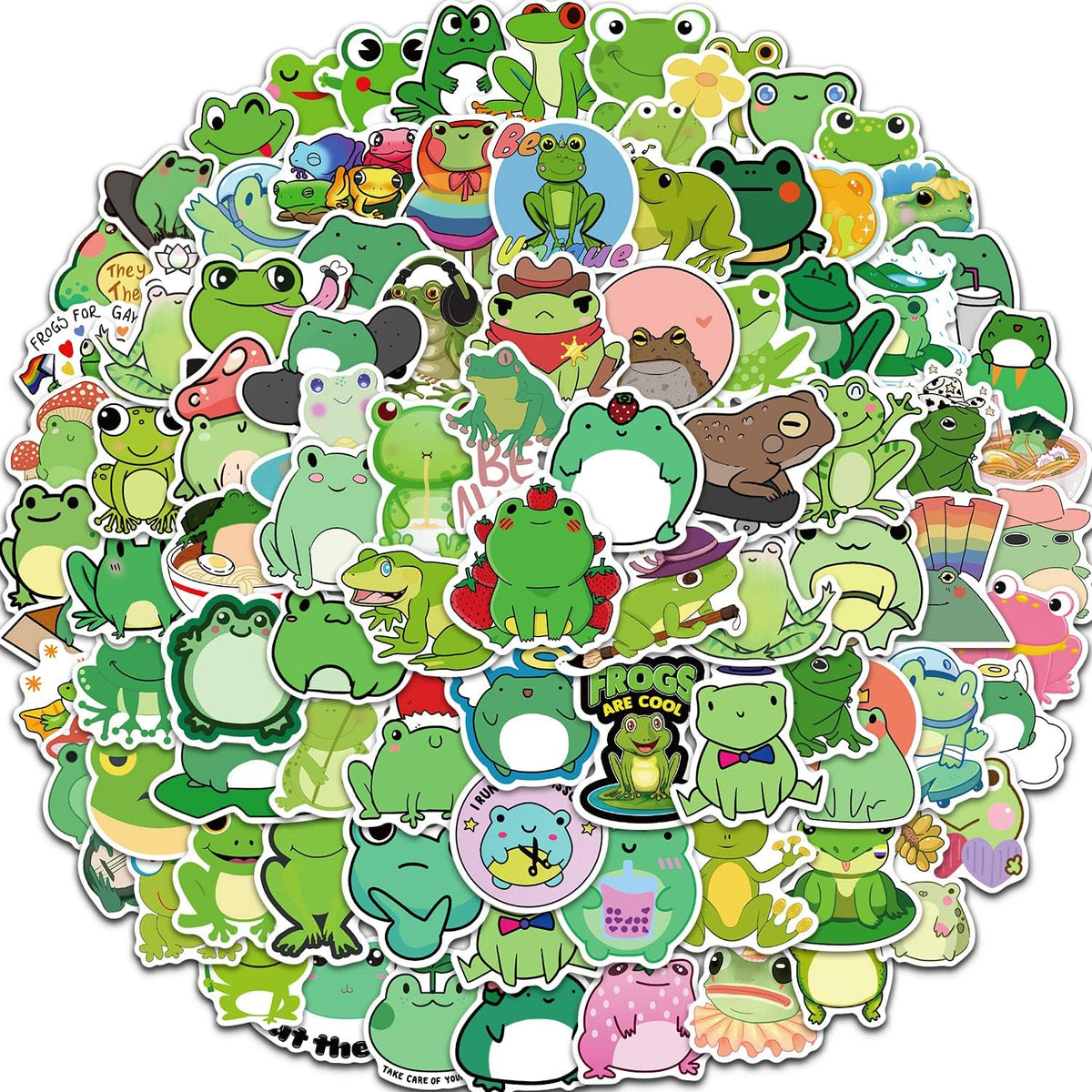 YUJUN 100PCS Frog Stickers,Cute Cartoon Frog Waterproof Vinyl Decals Animal Stickers for Water Bottles Luggage Phone Skateboard Scrapbook Laptop Party Decoration for Kids Boys Girls Teens