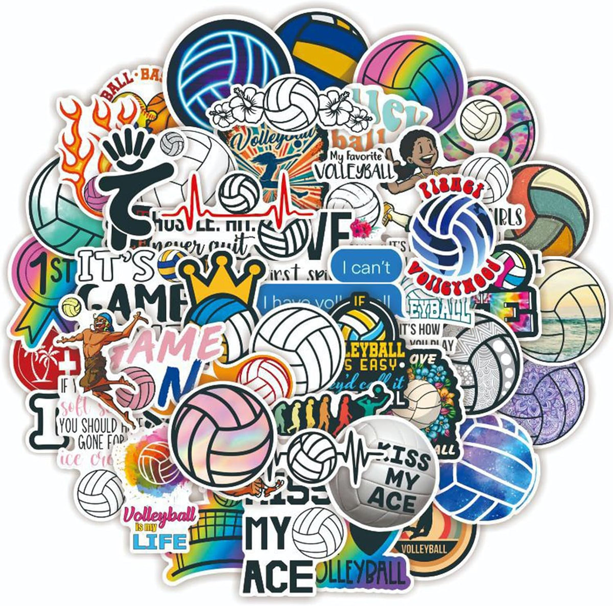 50pcs Volleyball Sport Stickers for Laptop, Waterproof Vinyl Decal for Teen Adult Girl Kids Student Notebook, Water Bottle, Skateboard, Guitar, Travel Case, Phone, Bike (50 Volleyball)