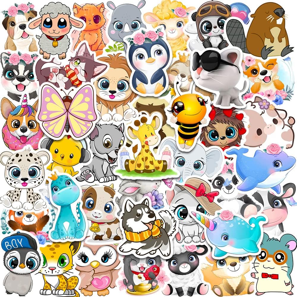 50PCS Cute Animals Stickers Packs for Water Bottles, Laptop, Skateboard Vinyl Waterproof Kawaii Kitten Cartoon Animal Stickers Packs, Decals for Kids Teens