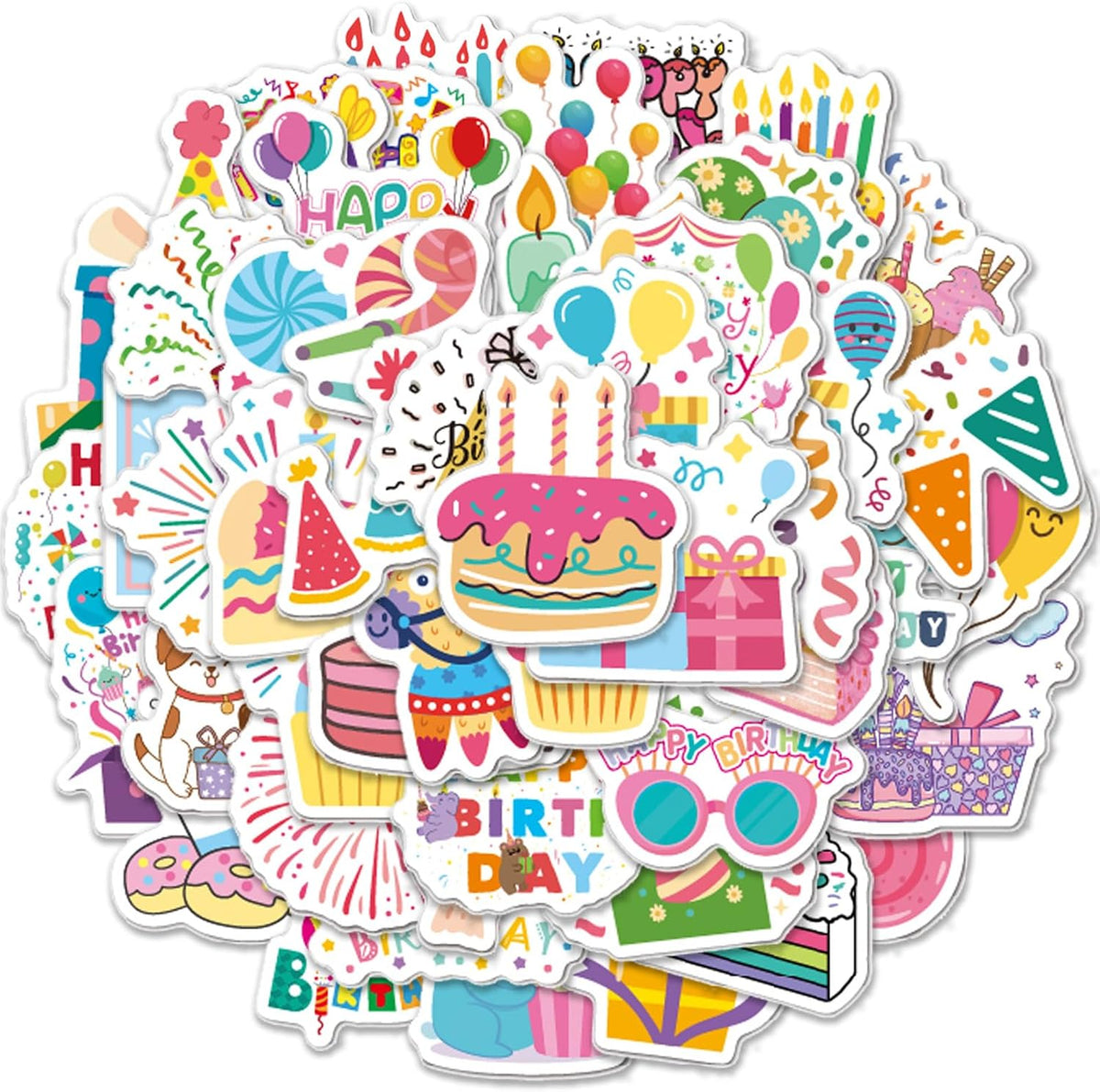 50 Pcs Happy Birthday Stickers for Kids Teens Vinyl Waterproof Cartoon Birthday Party Stickers for Water Bottles Cute Happy Birthday Stickers for Laptop Hydroflask Journaling
