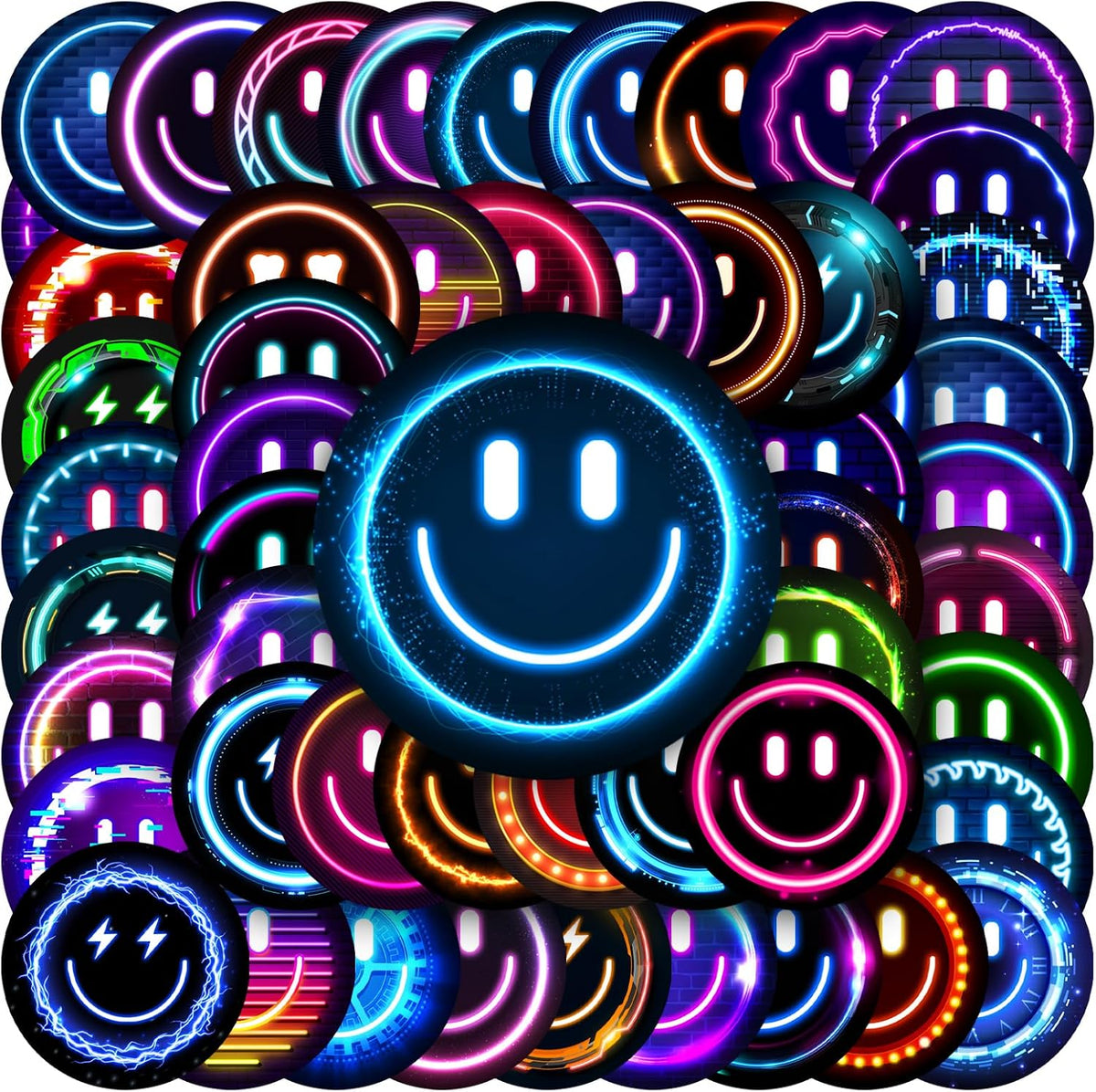 50 PCS Smile Neon Stickers, 2.16 inch, Cute Cartoon PVC Decals, for Water Bottles, Teaching Rewards, Notebooks, Stationery, Luggage