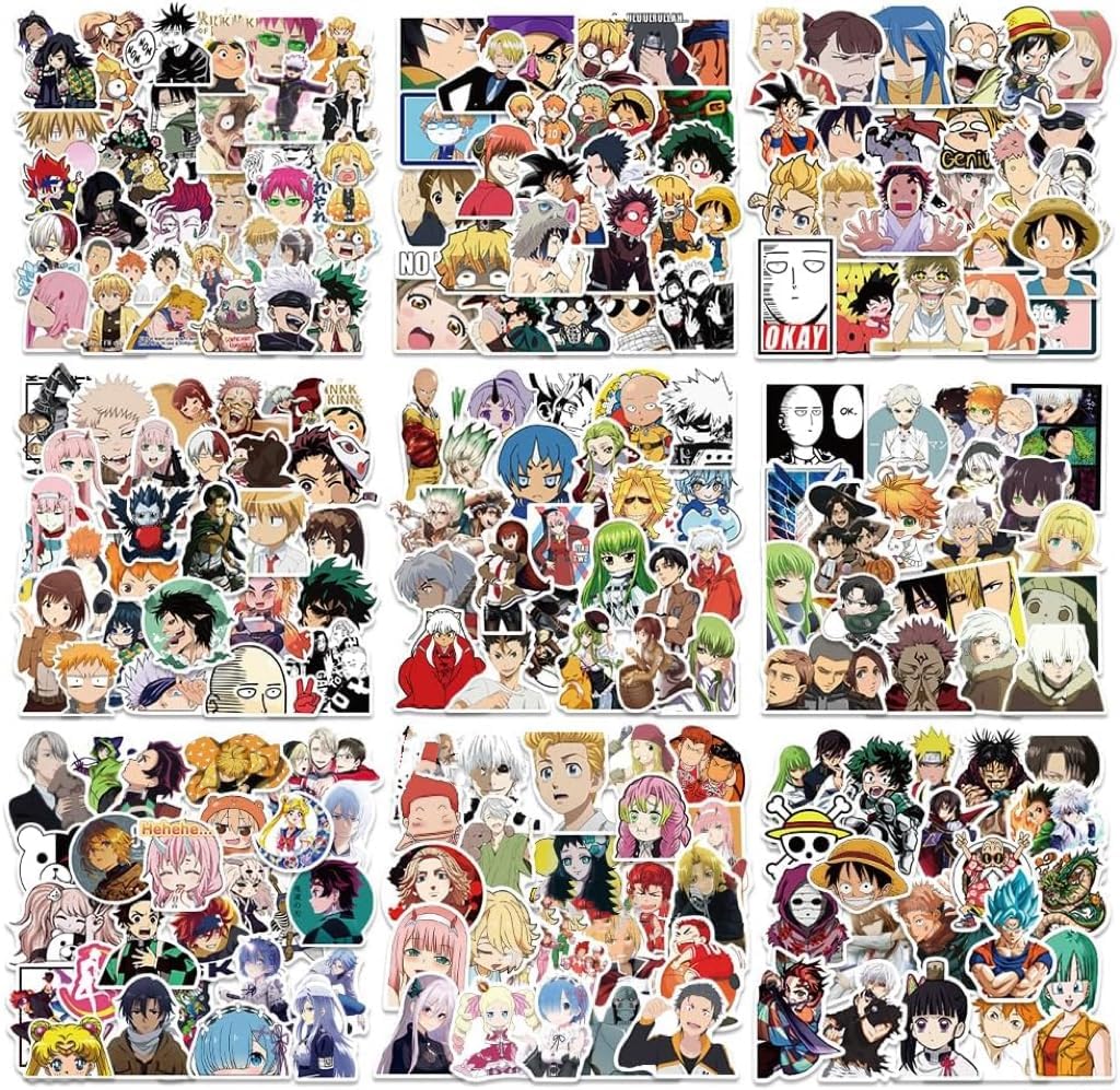 Yuyul 300 Pcs Anime Stickers Pack, Mixed Anime Vinyl Waterproof Stickers Decals for Laptop, Luggage, Skateboard, Car, Travel Suitcase, Water Bottles, Gift for Adults, Teens