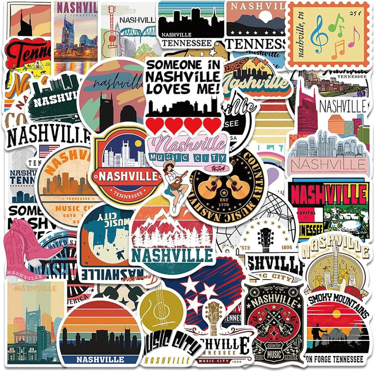 100PCS Nashville Tennessee Stickers,Cool Travel Stickers,Waterproof Vinyl Stickers for Water Bottles,Laptop,Luggage,Teens Adults,Keyboards,Backpacks,Skateboards,Luggage,Water Bottles,Scrapbooks