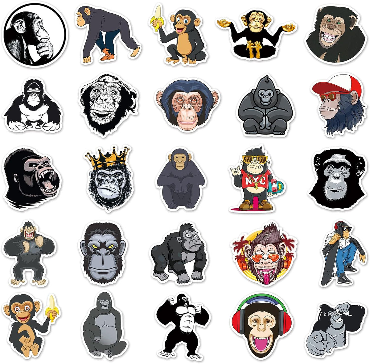 Wild Animals Cool Funny 50-100 Vinyl Stickers Water Bottles Gifts Waterproof Laptop Guitars Luggage Bike iPhone Skateboards Helmet MacBook Ipad Phone Cover (Gorilla, 50)