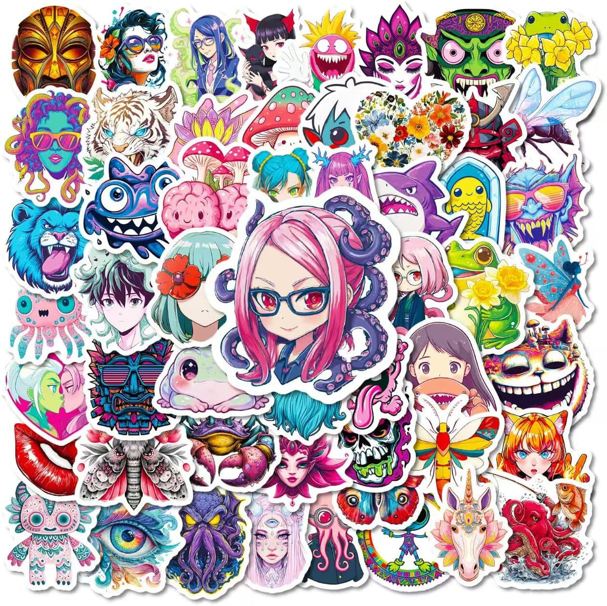 50pcs PVC Material Phone Stickers Waterproof Sticker Set Animation DIY Decoration Birthday Gift Label Stickers.(Weird Graffiti)