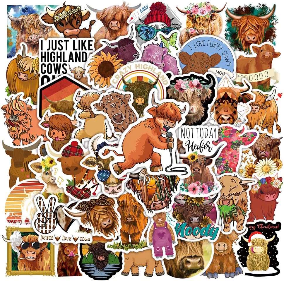 JSYAVG 50PCS Highland Cattle Stickers, Aesthetic Highland Cow Stickers for Laptop, Water Bottle, Stickers for Kids, Toddlers, Teens, Girls, Car, Helmet Stickers