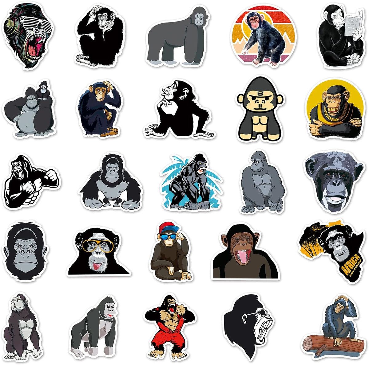 Wild Animals Cool Funny 50-100 Vinyl Stickers Water Bottles Gifts Waterproof Laptop Guitars Luggage Bike iPhone Skateboards Helmet MacBook Ipad Phone Cover (Gorilla, 50)