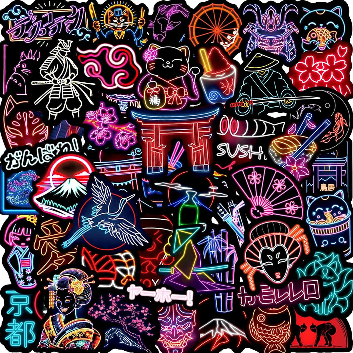 Water Bottle Stickers 50 PCS Cool Neon Sticker, Stickers for Teens Kids Adults, Waterproof Vinyl Stickers, Japanese Theme Neon Sticker for Phone Case Laptop Guitar Skateboard and Cups (Neon-B)