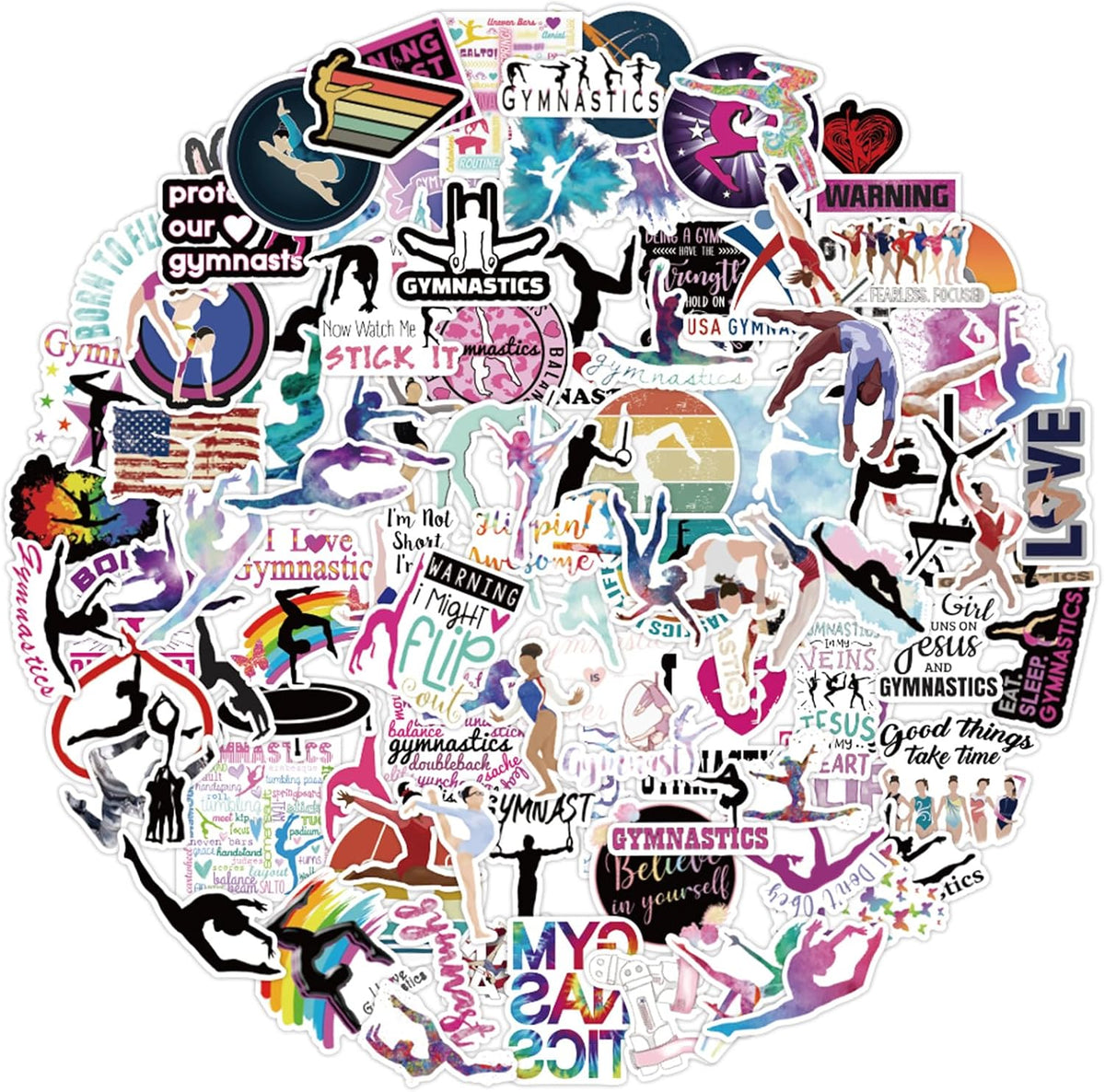 100pcs Gymnastics Sticker Pack, Cool Sport Waterproof Vinyl Decal for Girl Teen Adults Kids Water Bottle Laptop Luggage Notebook Scrapbook Helmet Skateboard Guitar Phone (Gymnastics
