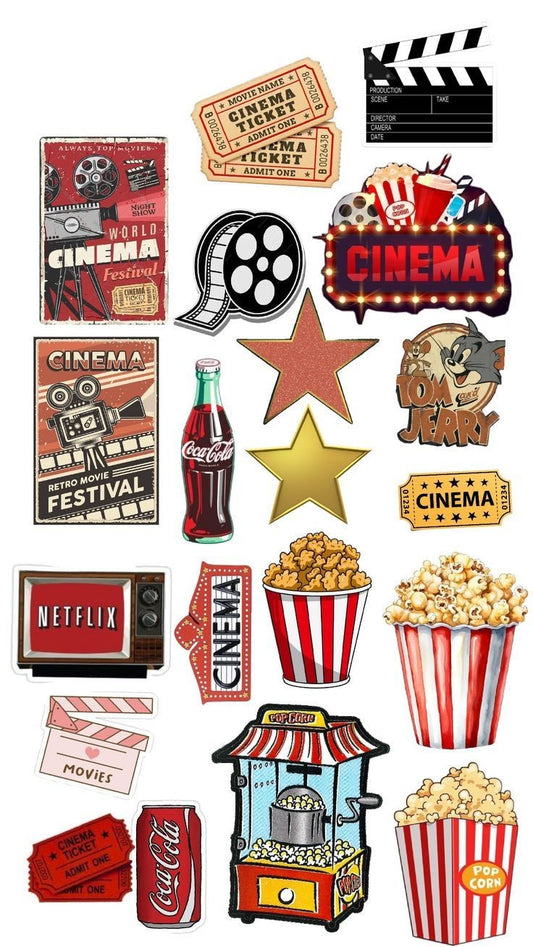Vintage Cinema Movie Night Stickers Pack, Cute Popcorn, Tickets, Film Clapperboard, and Waterproof Vinyl Decals for Water Bottles, Laptops, and Journaling