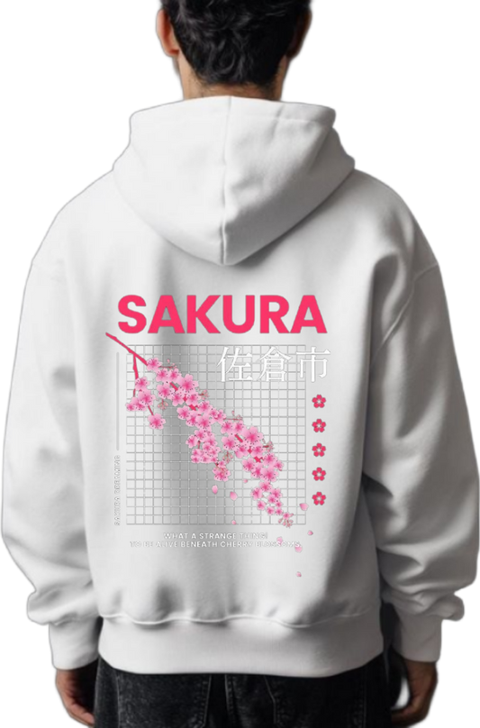 WHAT A STRANGE THING! TO BE ALIVE BENEATH CHERRY BLOSSOMS Back text oversize hoodie White back 81