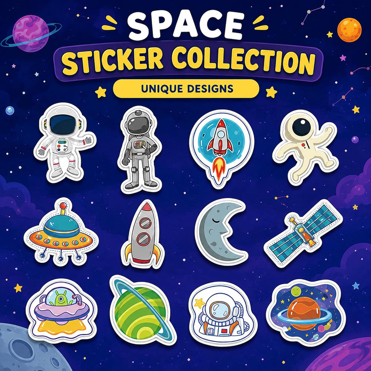 QTL Waterproof Cartoon Watercolor Vinyl Stickers Pack for Laptop Scrapbooking (50 Pcs Space Style)