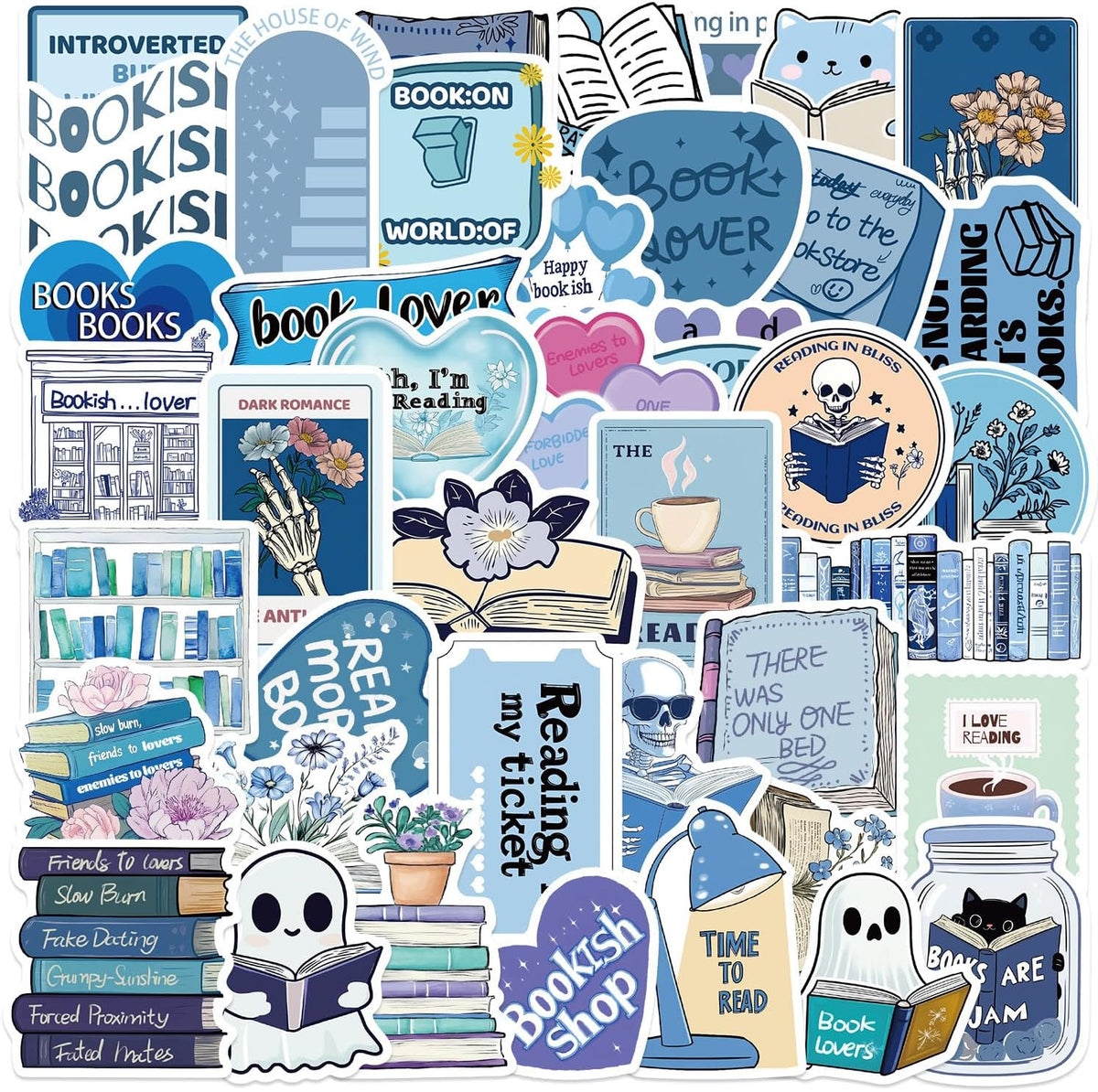 50Pcs Bookish Stickers for Kindle, Holographic Book Sticker Pack Reading Booktok Glitter Vinyl Decals for Laptop Ebook Readers Water Bottles Journal Scrapbook Waterproof (Blue)