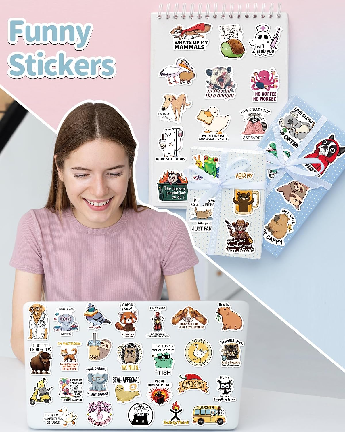 300 Pcs Funny Stickers for Adults, Water Bottle Vinyl Meme Laptop Waterproof Cute Sticker Pack, Scrapbook Planner Journal Stickers Supplies Gifts for Men Women Hard Hat Bumper