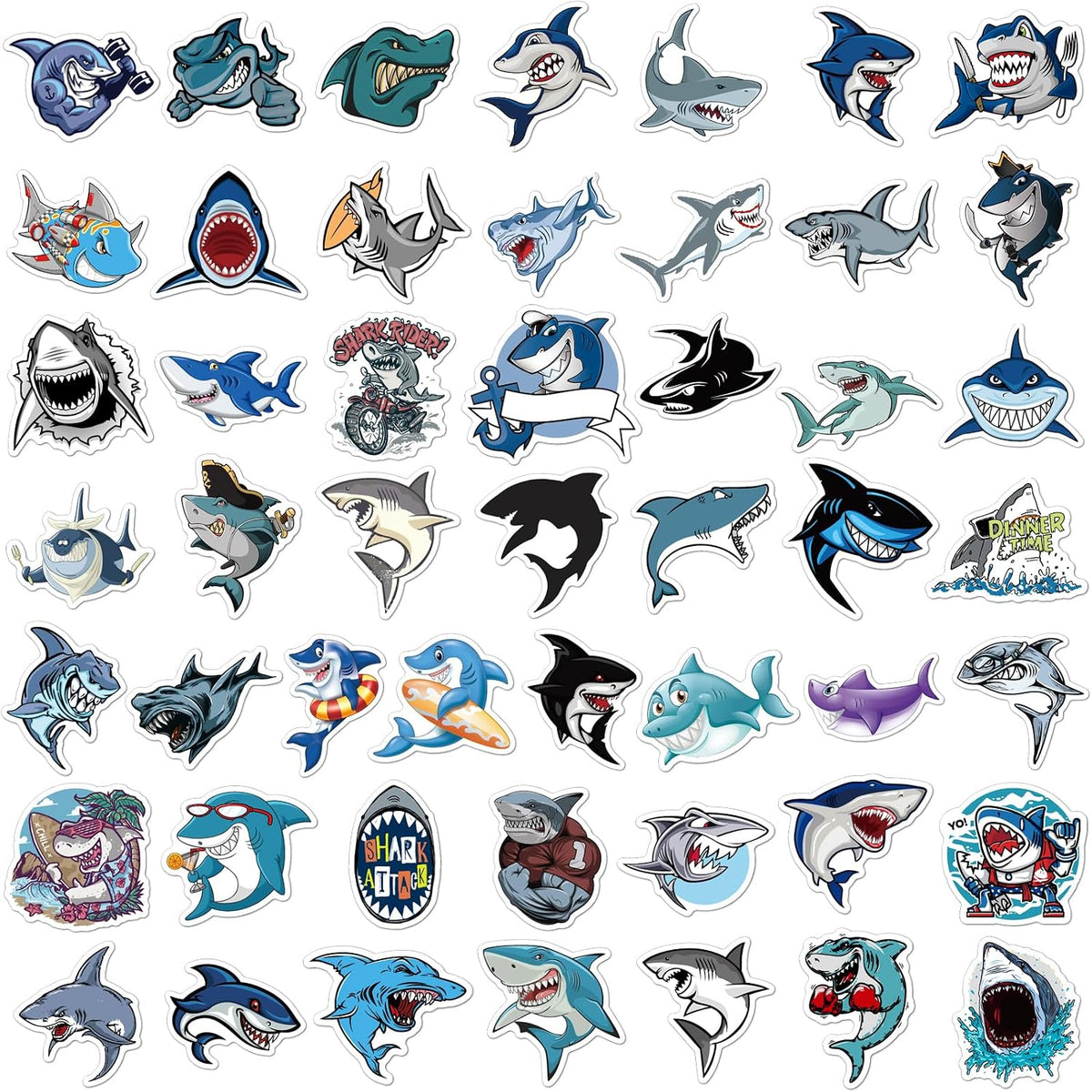 50 PCS Shark Stickers Pack,Vinyl Cartoon Sharks Stickers,Waterproof Creative Shark Decals Classroom Rewards Sticker for Water Bottles Laptop Scrapbooking Journaling