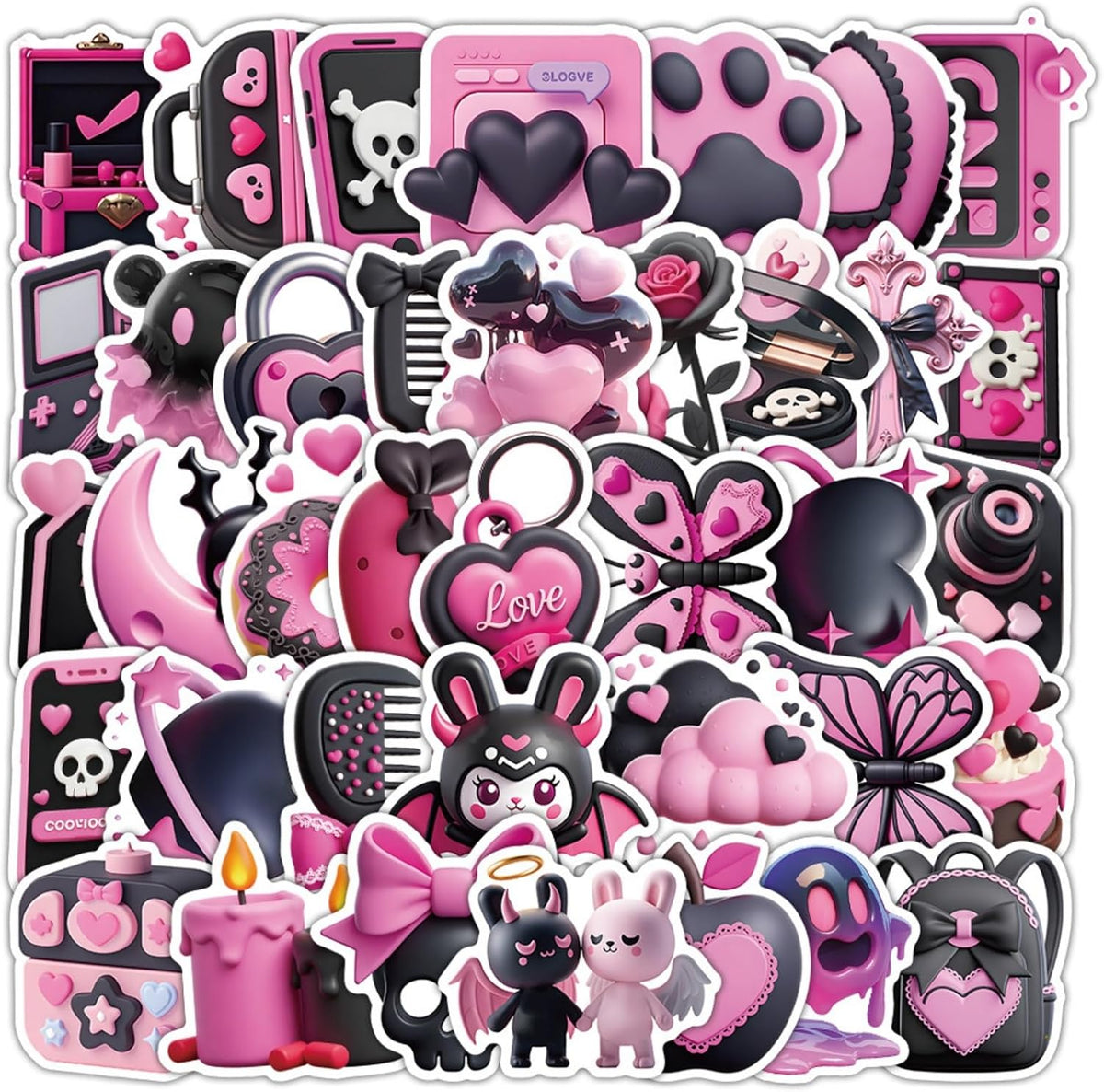 50PCS Cute Gothic Stickers, Pink Aesthetic Stickers for Girls Teens Adults, Pink Black Decals for Water Bottles Laptop Computer Phone Guitar