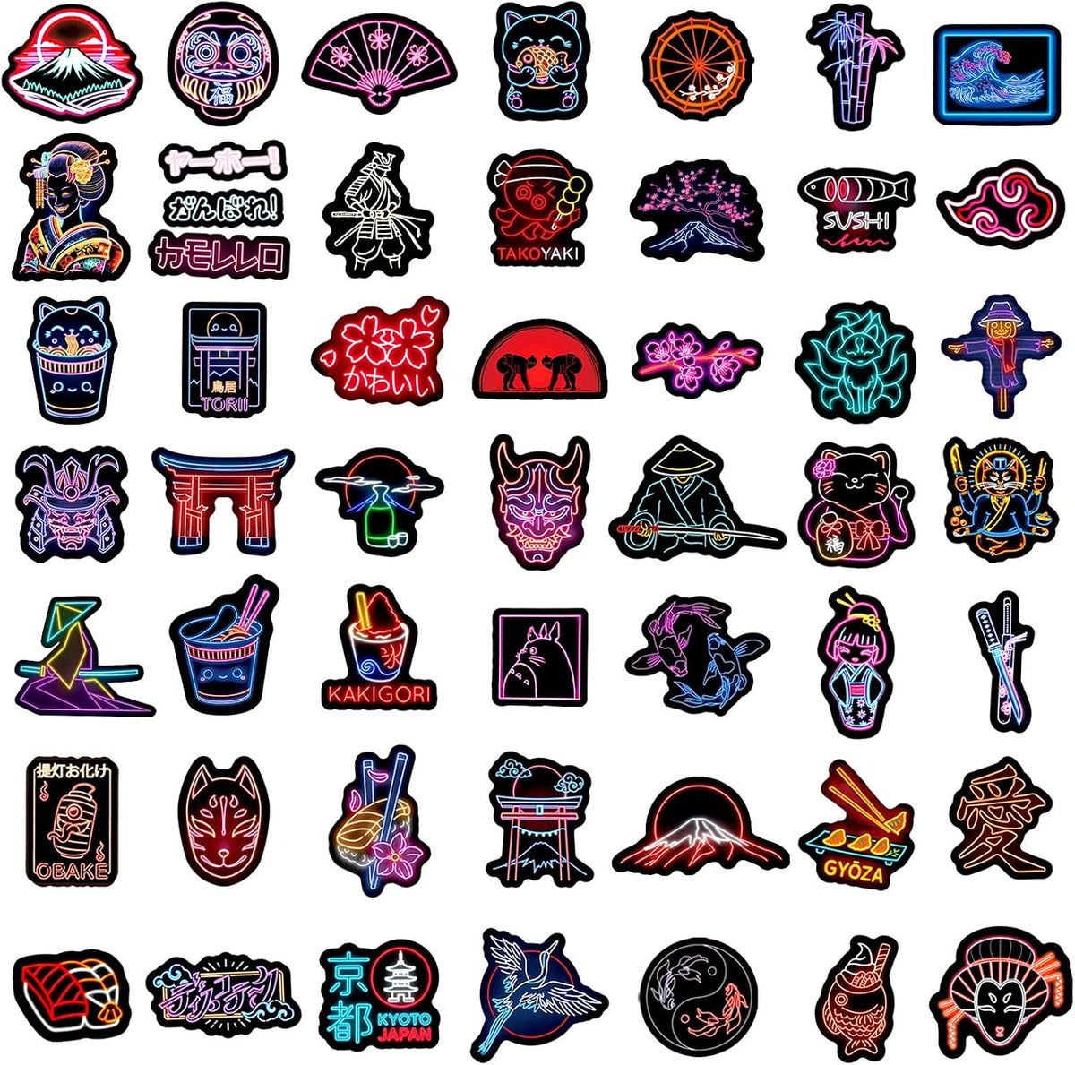 Water Bottle Stickers 50 PCS Cool Neon Sticker, Stickers for Teens Kids Adults, Waterproof Vinyl Stickers, Japanese Theme Neon Sticker for Phone Case Laptop Guitar Skateboard and Cups (Neon-B)