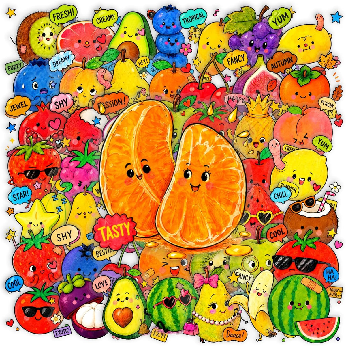 Fruit Stickers 50Pcs,Cute Cartoon PET Decals for Scrapbook Journal Laptop Water Bottle Phone Case Luggage DIY Craft Decoration, Kawaii Fruit Sticker Pack for Teens Students Stationery Lovers