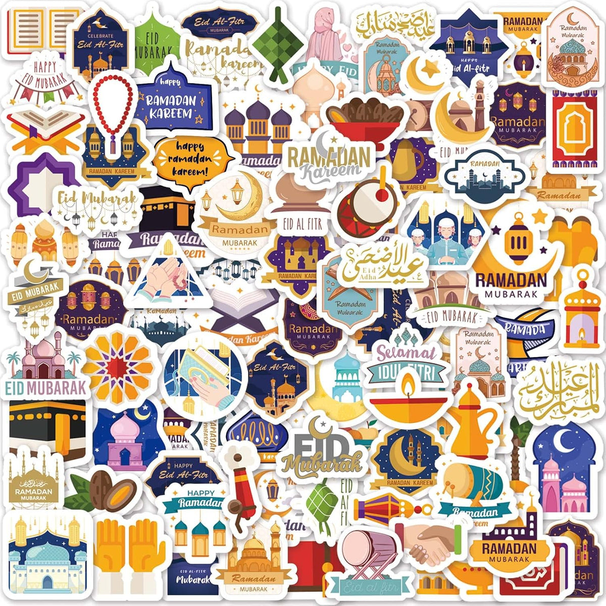 DoneJPee 100 Pcs Ramadan & Eid Stickers, Glossy Vinyl, Tan, Colorful, Waterproof, Round, Indoor, Religion, Kids & Adults, Laptop, Skateboard, Scrapbook, Home Decorations, Gift Bags