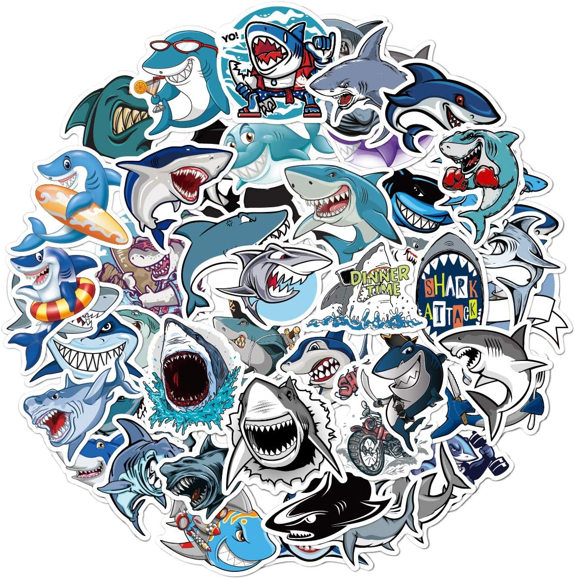 50 PCS Shark Stickers Pack,Vinyl Cartoon Sharks Stickers,Waterproof Creative Shark Decals Classroom Rewards Sticker for Water Bottles Laptop Scrapbooking Journaling