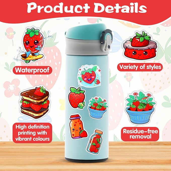 100PCS Cute Strawberry Stickers for Kids Girls Teens, Strawberry Shortcake Stickers, Waterproof Vinyl-Stickers for Water Bottles, Laptop, Phone, Luggage, Scrapbook, Party Supplies