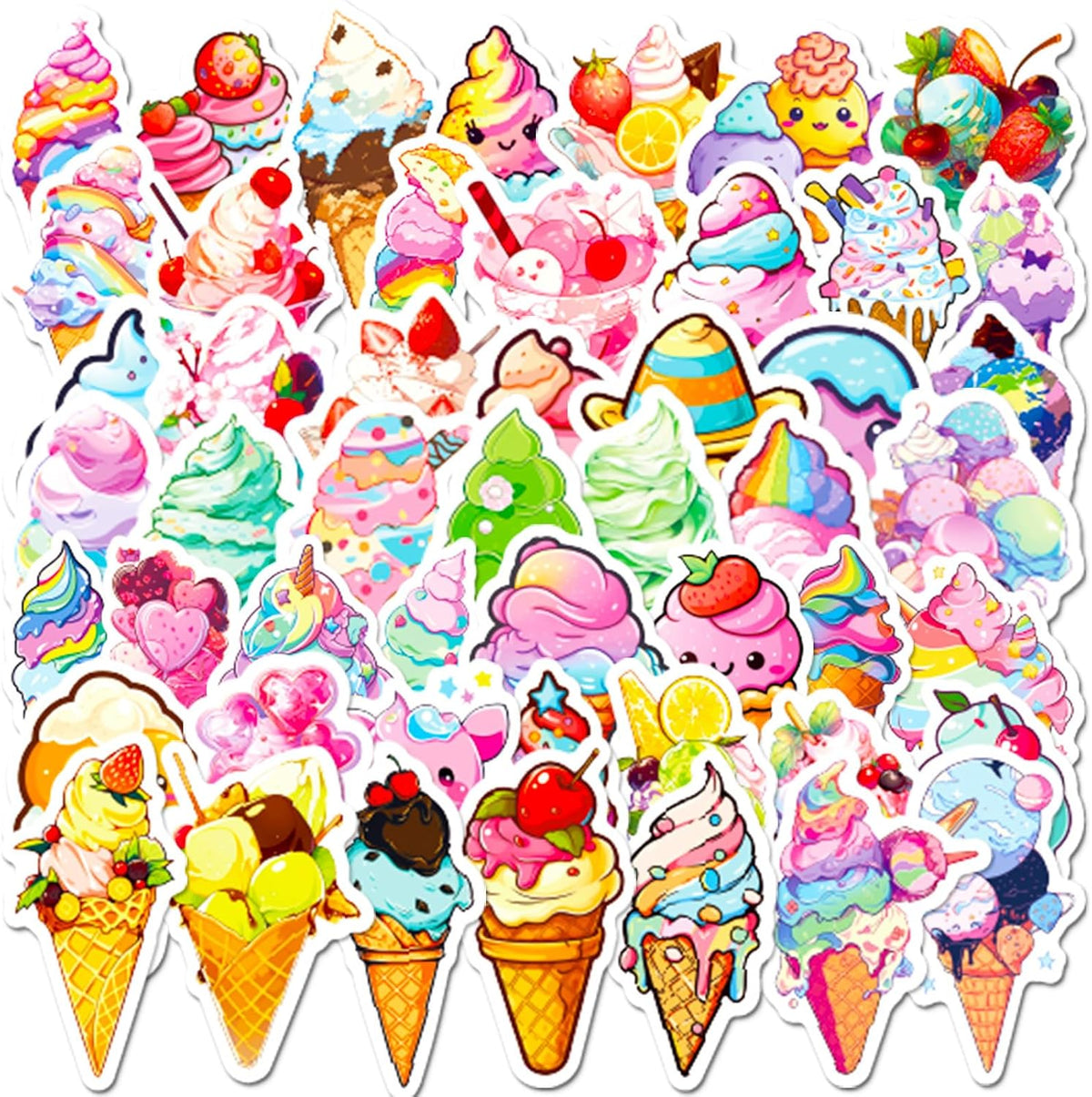 Ice Cream Cone Stickers - 50PCS Cute Sweet Ice Cream Stickers for Water Bottles,Laptop,Party Supplies,DIY Crafts | Sweet Dessert Designs for Kids,Teens,Adults