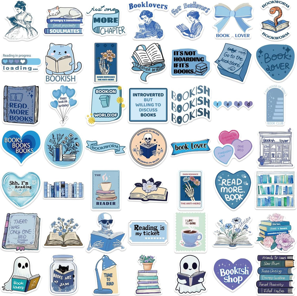 50Pcs Bookish Stickers for Kindle, Holographic Book Sticker Pack Reading Booktok Glitter Vinyl Decals for Laptop Ebook Readers Water Bottles Journal Scrapbook Waterproof (Blue)