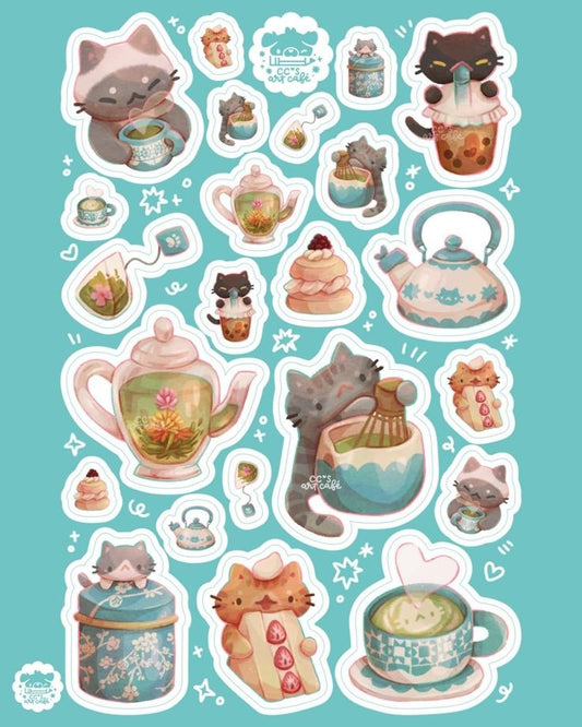 Kawaii Matcha and Tea Cafe Stickers Pack, Cute Cats Whisking Green Tea, Teapots, Strawberry Cake, and Waterproof Vinyl Decals for Water Bottles, Laptops, and Journaling