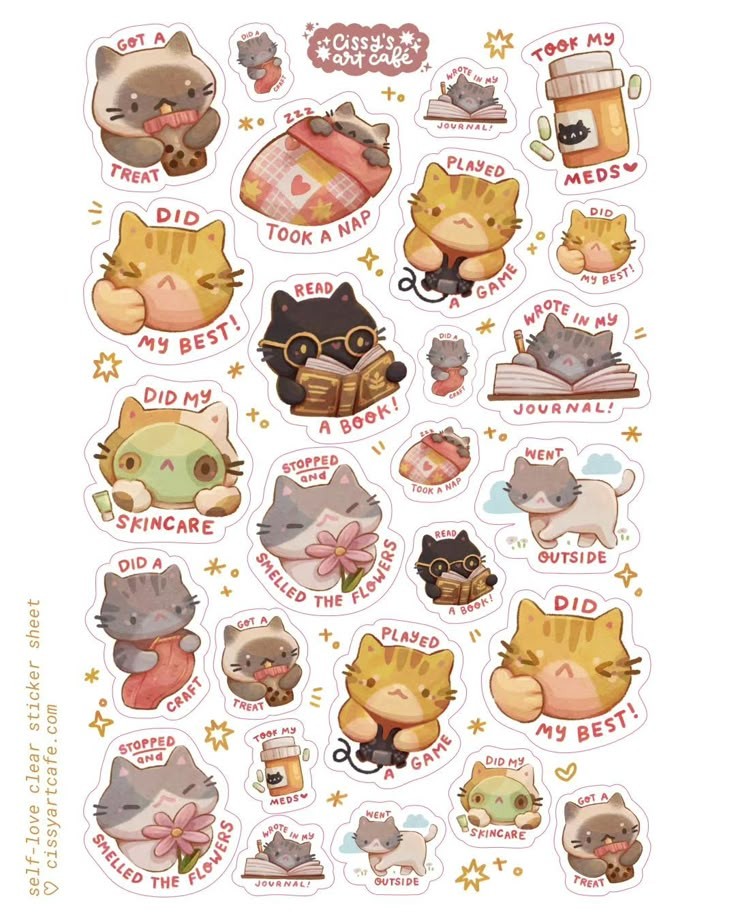 Cute Self-Love Cat Stickers Pack, Kawaii Daily Routine & Habit Tracker Kitties, Skincare, Reading, and Waterproof Vinyl Decals for Water Bottles, Laptops, and Journaling