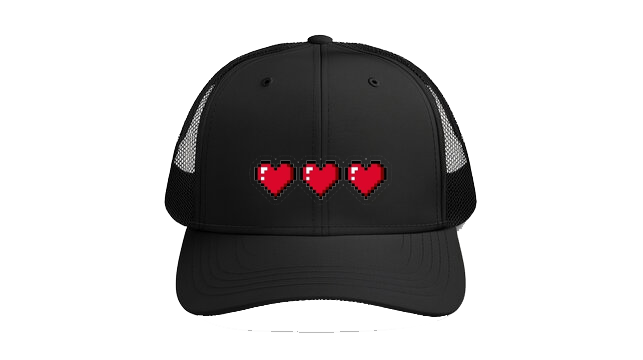 Baseball cap Black A horizontal trio of retro 8-bit pixel gaming health hearts 130