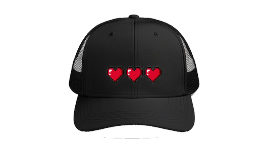 Baseball cap Black A horizontal trio of retro 8-bit pixel gaming health hearts 130