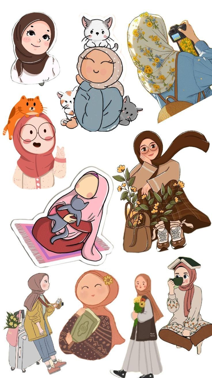 Cute Hijabi Girls Aesthetic Stickers Pack, Kawaii Muslimah Illustrations with Cats, Flowers, Reading, and Waterproof Vinyl Decals for Water Bottles, Laptops, and Journaling