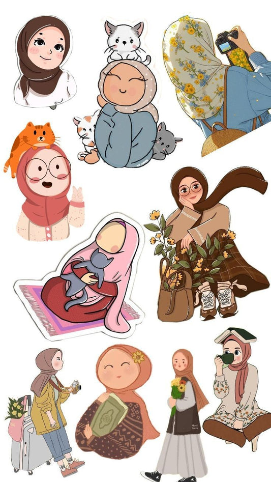 Cute Hijabi Girls Aesthetic Stickers Pack, Kawaii Muslimah Illustrations with Cats, Flowers, Reading, and Waterproof Vinyl Decals for Water Bottles, Laptops, and Journaling