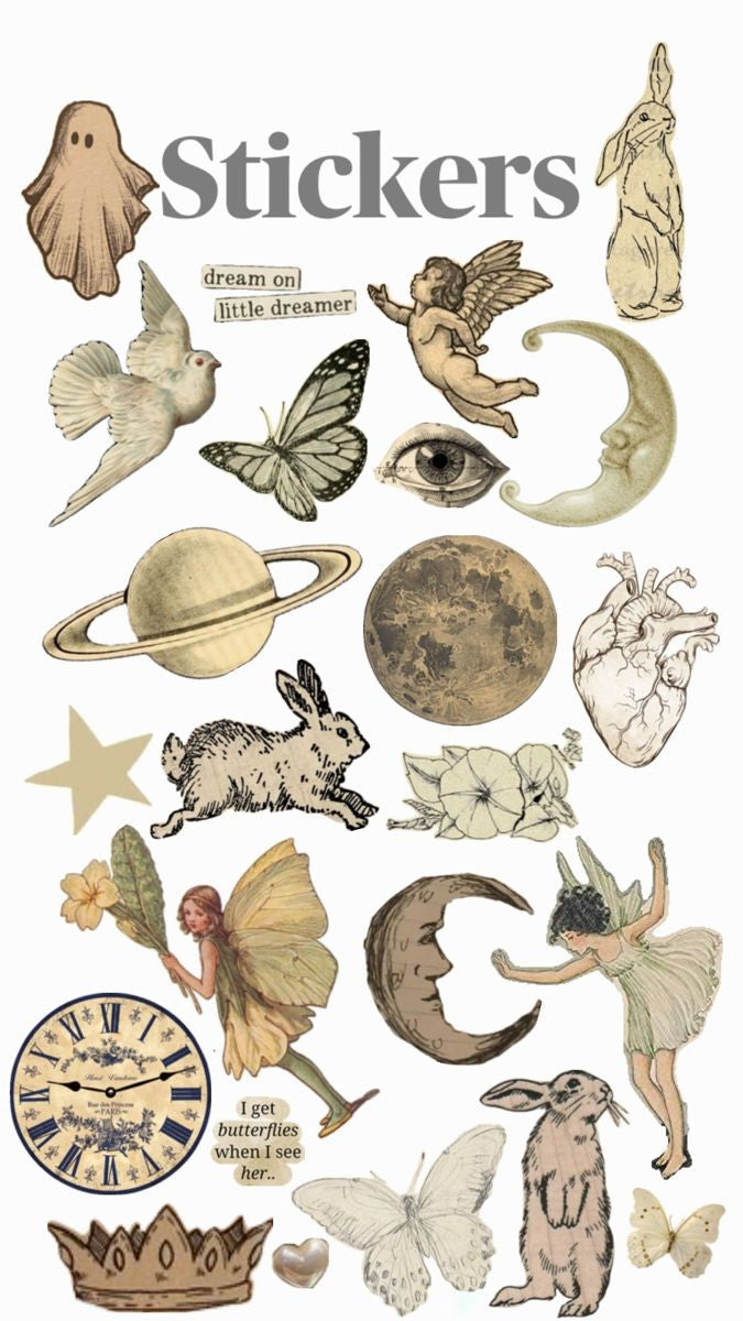 Vintage Aesthetic Stickers Pack, Grunge Celestial, Fairies, Butterflies, Moon, and Retro Botanical Stickers for Journaling, Scrapbooking, Water Bottles, Laptop, and Planner Decals