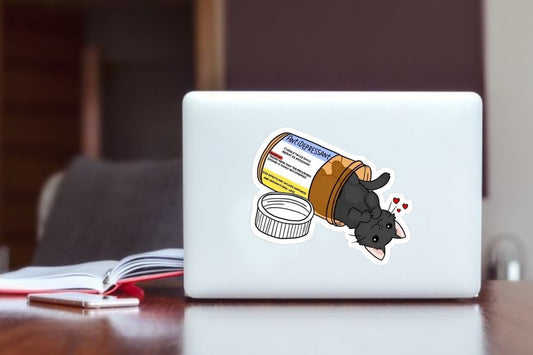 "Antidepressant" Black Cat Laptop Sticker, Cute Kitty Pill Bottle Vinyl Decal for Laptop, Water Bottle, Journal, and Phone
