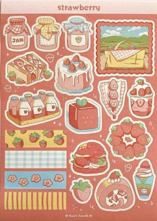 Kawaii Strawberry Theme Stickers Pack, Cute Jam Jars, Cakes, Sweets, and Waterproof Vinyl Decals for Water Bottles, Laptops, and Journaling