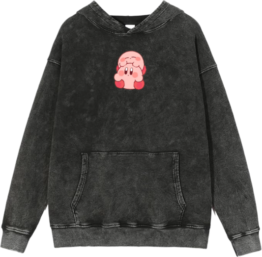 Cute Pink Anime Kirby Character Graphic Vintage Washed Hoodie for Women and Men, Kawaii Cartoon Dark Grey Pullover Sweatshirt 8