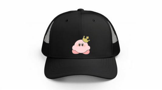 Kawaii Kirby Crown Pink Character Mesh Trucker Hat, Cute Anime Princess/King Black Baseball Cap, Adjustable Snapback for Women and Teens 8