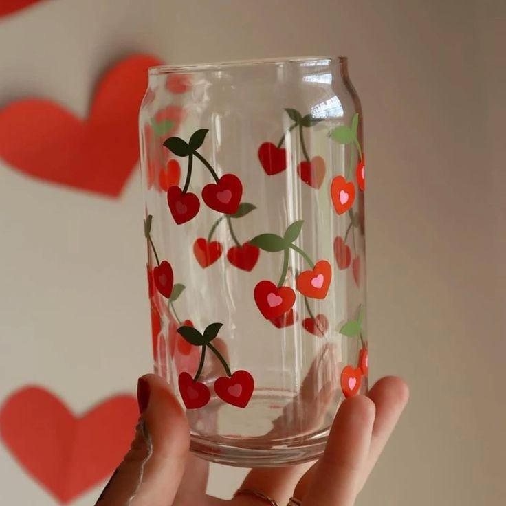 Mug with Wooden Lid and Clear Glass Straw: Practical for Juices and Ice Coffee Red cherries shaped like small hearts attached to green stems