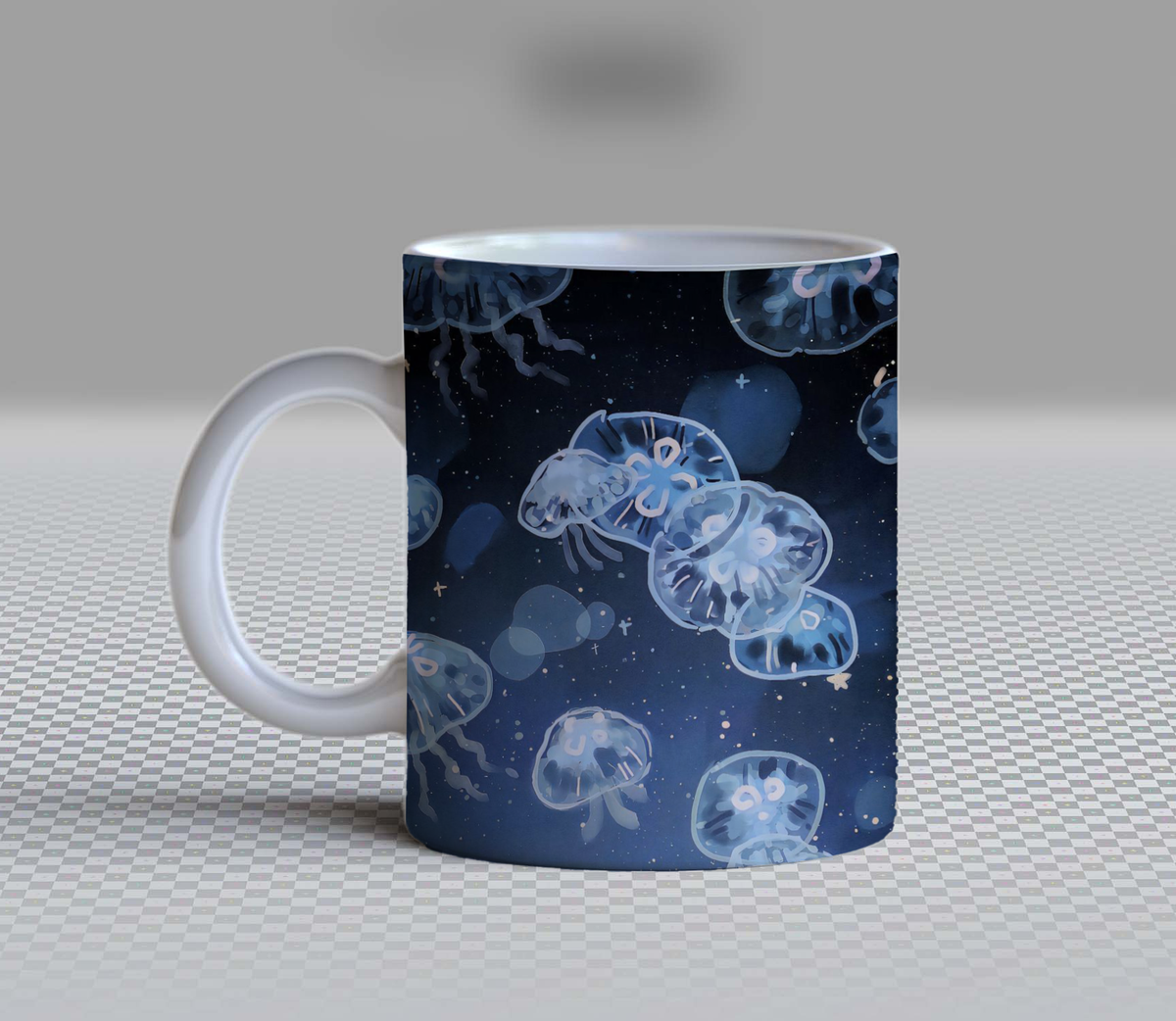 Cute Bioluminescent Jellyfish Ceramic Coffee Mug – 11oz Aesthetic Deep Sea Navy Blue Tea Cup, Whimsical Floating Ocean Creature & Stars Pattern Mug for Coffee Lovers, Lovely Birthday Gift for Women, Girls & Teens